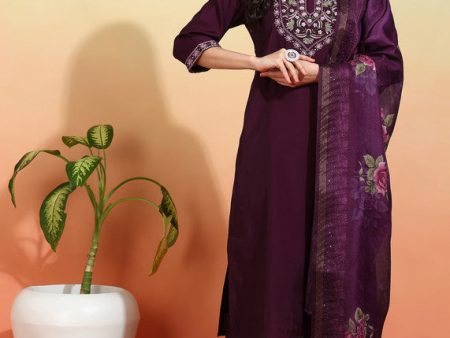 Malishka Women s Chanderi Embroidered Straight Kurta Pant With Dupatta - Wine Hot on Sale