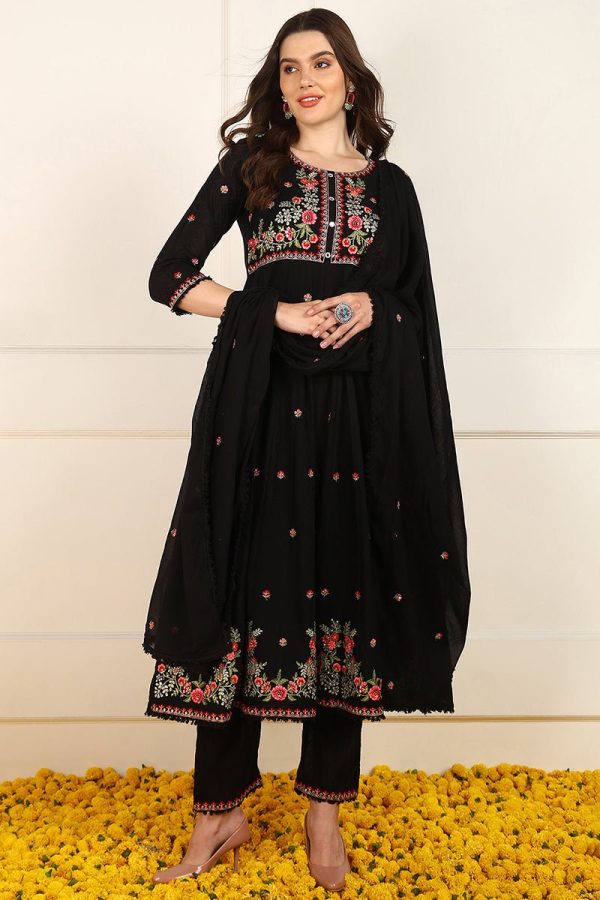 Ahika Black Cotton Embroidered Anarkali Suit Set Sale