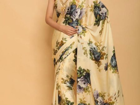 Sonakshi Cream Digital Printed Pure Japan Satin Saree with Blouse Hot on Sale