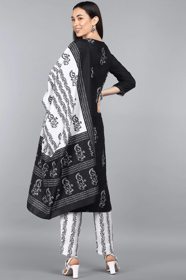 Ahika Black Crepe Ethnic Motifs Printed Straight Kurta Pant Dupatta Set Sale