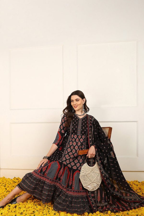 Ahika Black Cotton Ethnic Printed Anarkali Suit Set Online now