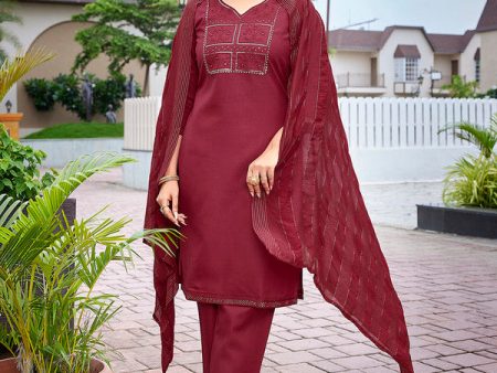 Malishka Women s Cotton Blend Embroidered Straight Kurta Pant With Dupatta - Maroon Cheap