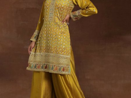 Libas Adaa Mustard Embroidered Silk Blend Straight Kurta With Palazzos & Dupatta Sale