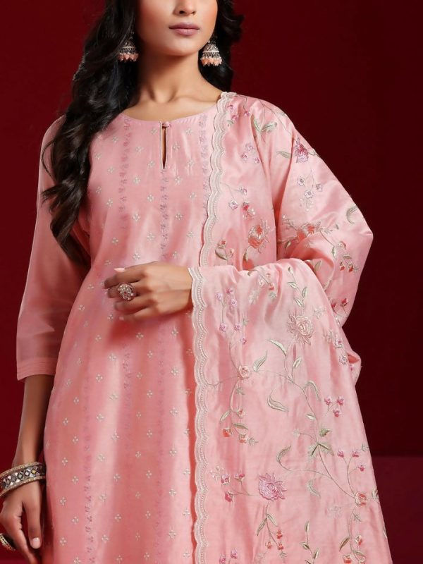 Libas Art Pink Embroidered Chanderi Silk Straight Suit With Dupatta Fashion