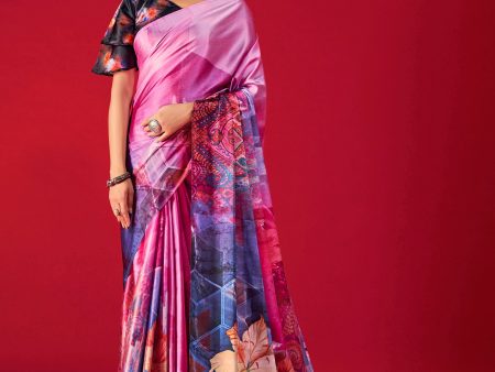 Sonakshi Women s Multicolor Digital Printed Satin Crepe Saree with Blouse For Sale