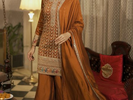 Libas Adaa Rust Embroidered Silk Blend Straight Kurta With Palazzos & Dupatta Sale