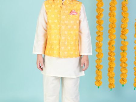 Lil Drama Boys Kurta Pyjama with jacket set - White Online Sale