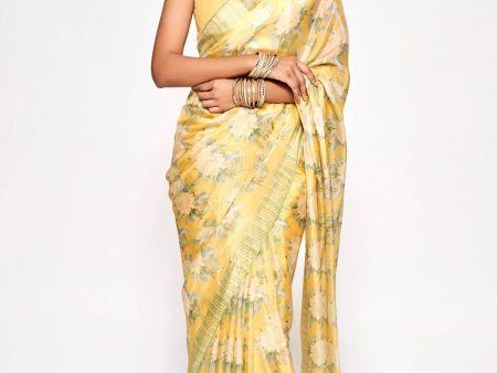 Sonakshi Yellow Embroidery with Digital Printed Pure Chinon Designer Saree with Blouse For Cheap