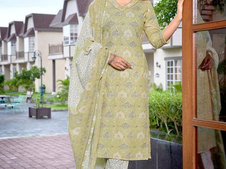 Malishka Women s Cotton Blend Printed Straight Kurta Pant With Dupatta - Beige Discount