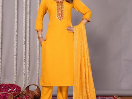 Malishka Women s Cotton Blend Embroidered Straight Kurta Pant With Dupatta - Mustard Online