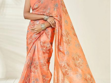 Sonakshi Orange Embroidery with Digital Printed Pure Chinon Designer Saree with Blouse Online now