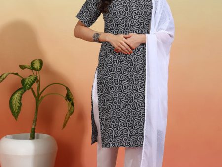 Malishka Women s Black White Crepe Printed Straight Kurta Pant With Dupatta - Black & White For Sale