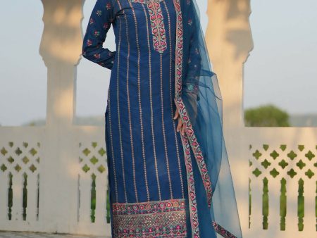 Libas Art Blue Embroidered Silk Blend Straight Suit With Dupatta Cheap