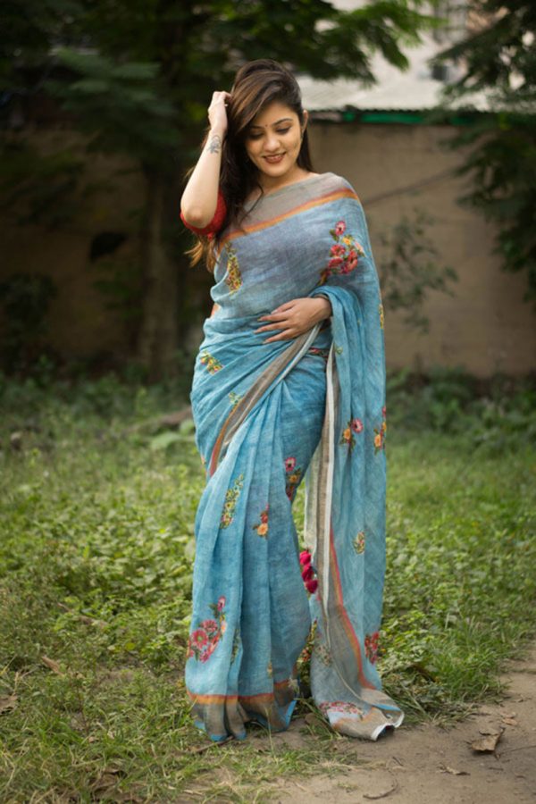 Sonakshi Blue Digital Printed Munnar Slub Designer Saree with Blouse Online Hot Sale