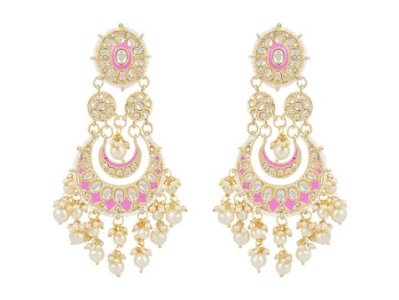 Women Gold Plated Intricately Designed Traditional Pink Meenakari Earrings Glided With Kundans & Pearls - Wahe Jewels For Discount