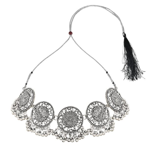 Navratri Ethnic Silver Oxidized Traditional Afghani Choker Necklace Jewellery Set for Women - Wahe Jewels on Sale