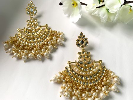 Traditional Gold Plated White Kundan Pearl Drop Chandbali Earring For Women Girls - Wahe Jewels on Sale