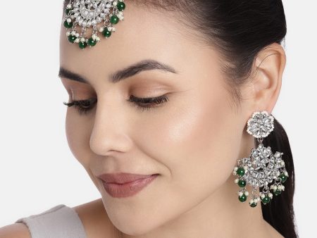 Rhodium Plated With Stunning Matte Finish Traditional Kundan & Faux Pearl Chandbali Earrings With Maang Tikka Set - Wahe Jewels Supply