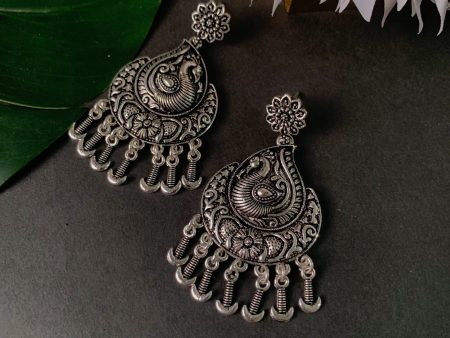 Navratri Ethnic Silver Oxidised Afghani Floral & Peacock Design Drop Earrings For Women & Girls - Wahe Jewels Hot on Sale