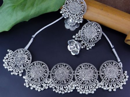 Navratri Ethnic Silver Oxidized Traditional Afghani Choker Necklace Jewellery Set for Women - Wahe Jewels on Sale