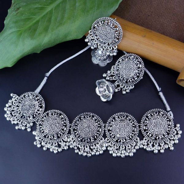 Navratri Ethnic Silver Oxidized Traditional Afghani Choker Necklace Jewellery Set for Women - Wahe Jewels on Sale