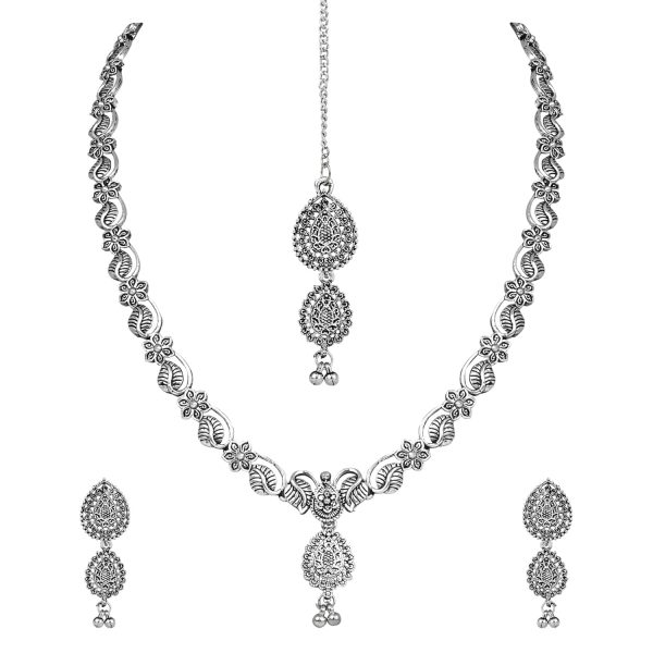 Navratri Ethnic Silver Oxidised Floral Design Ghungroo Long Necklace Jewellery With Jhumka Earrings Set For Women Girls - Wahe Jewels Discount