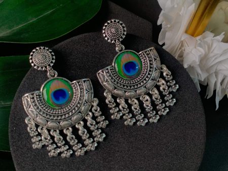 Navratri Ethnic Silver Oxidised Afghani Style Peacock Fether Earrings For Women & Girls - Wahe Jewels Online now