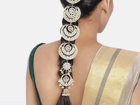 Gold-Plated Metal Traditional Floral Kundan Pearl Studded Beaded Head Chain Paranda - Wahe Jewels on Sale