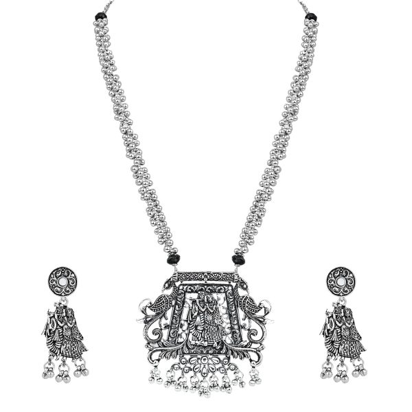 Navratri Ethnic Silver Oxidised Radha Krisha Long Necklace Jewellery With Jhumka Earrings Set For Women Girls - Wahe Jewels on Sale