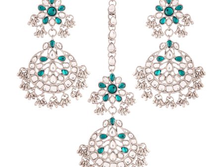 Rhodium Plated Traditional Handcrafted Earrings With Maang Tikka Encased with Faux Kundan & Pearl for Women Girls - Wahe Jewels Supply