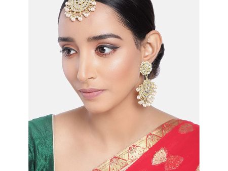 Gold Plated With Stunning Matte Finish Traditional Kundan & Faux Pearl Chandbali Earrings With Maang Tikka Set - Wahe Jewels For Discount